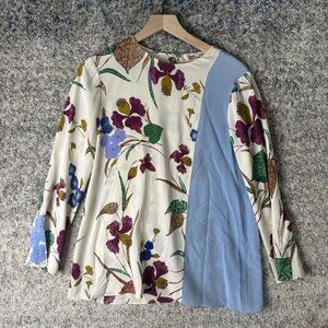 Diane von Furstenberg Blouse Womens 8 Cream Blue Floral Colorblock Long Sleeve